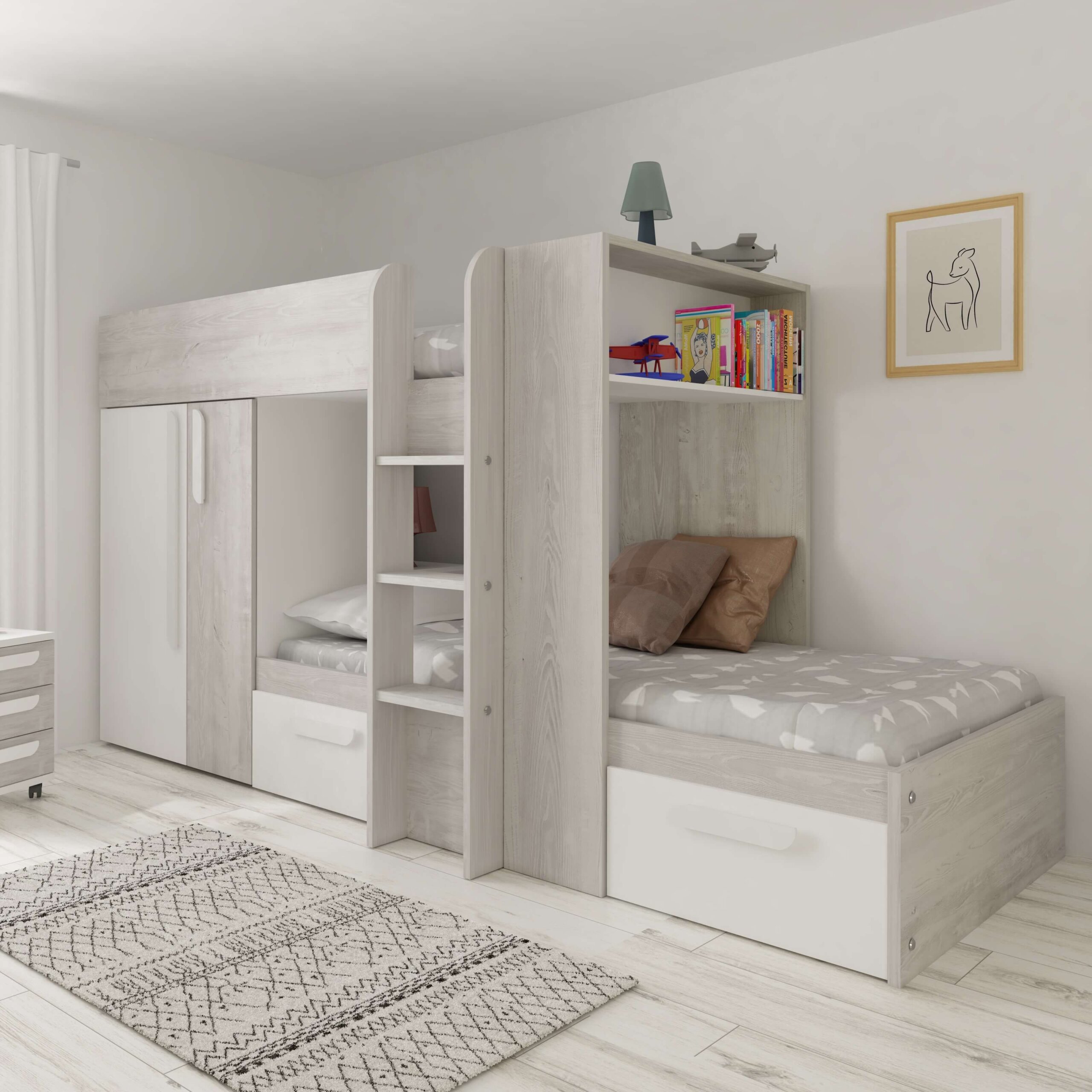 white-1289 050 Αναστρέψιμη πολυμορφική κουκέτα με ντουλάπα και δύο συρτάρια - Image 1