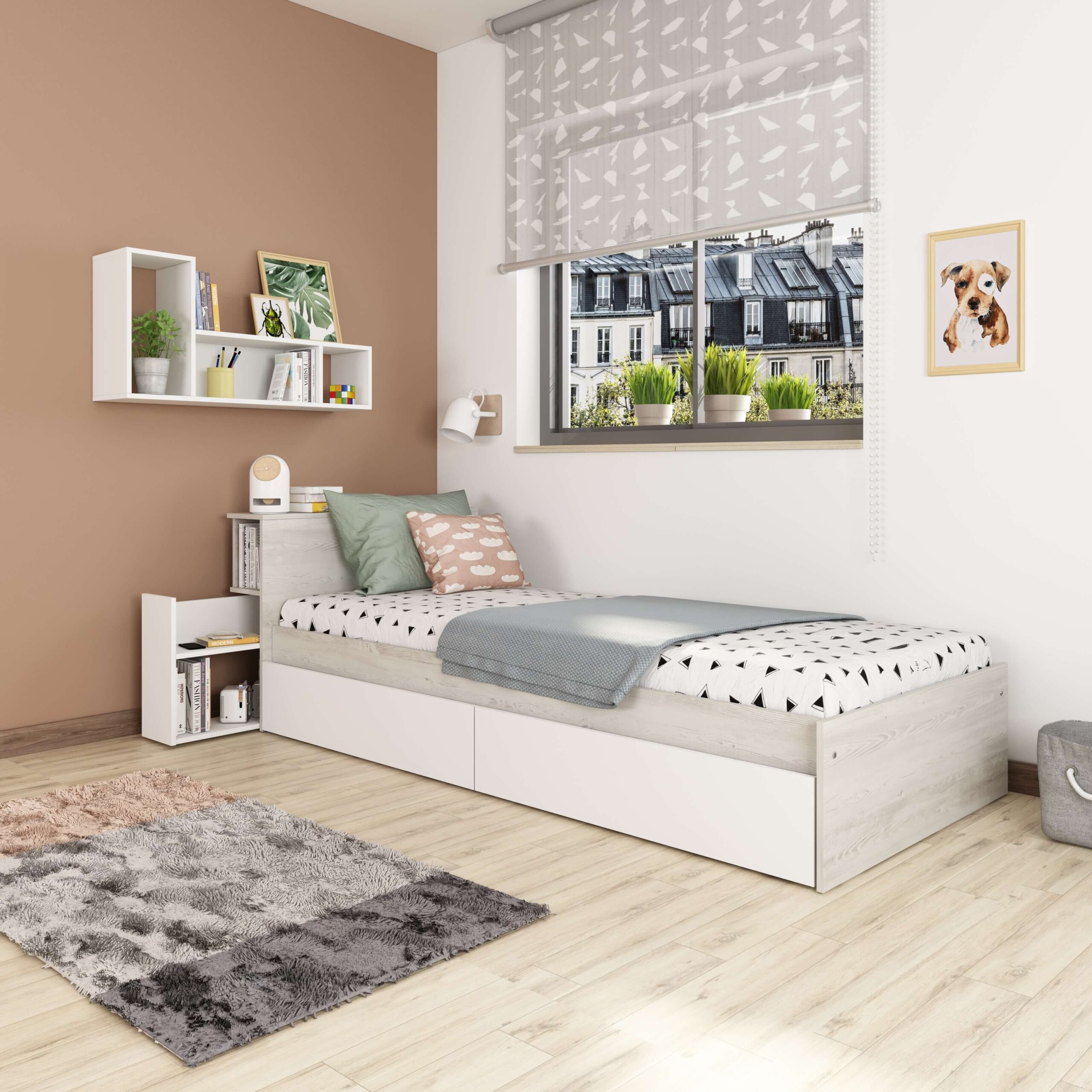 white-1773 1138 050 Μονό αναστρέψιμο κρεβάτι με ενσωματωμένο κομοδίνο και δύο συρτάρια - Image 1
