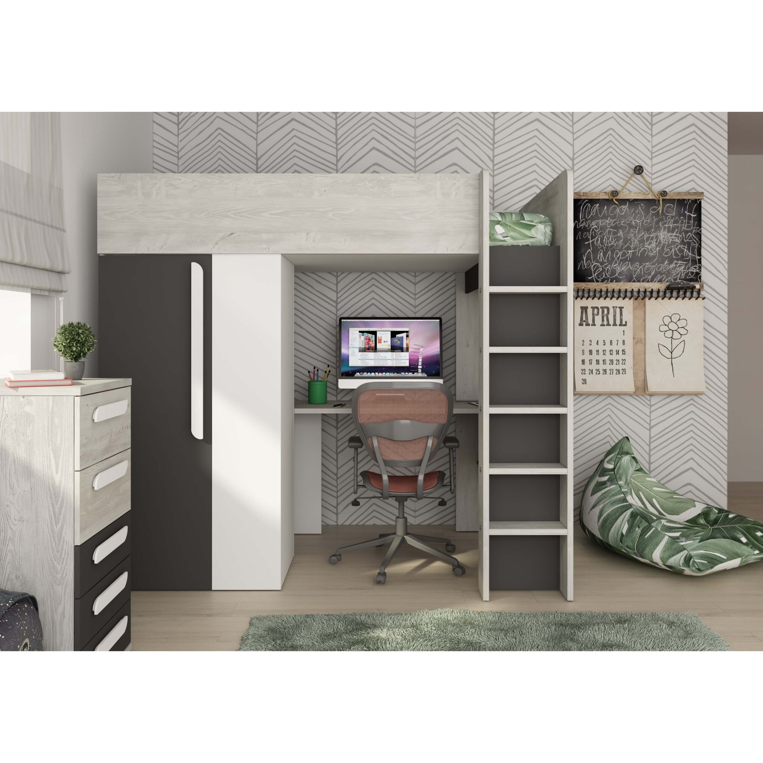 white-1819.10.42.0301 001 High Sleeper κρεβάτι με γραφείο και ντουλάπα - Image 1